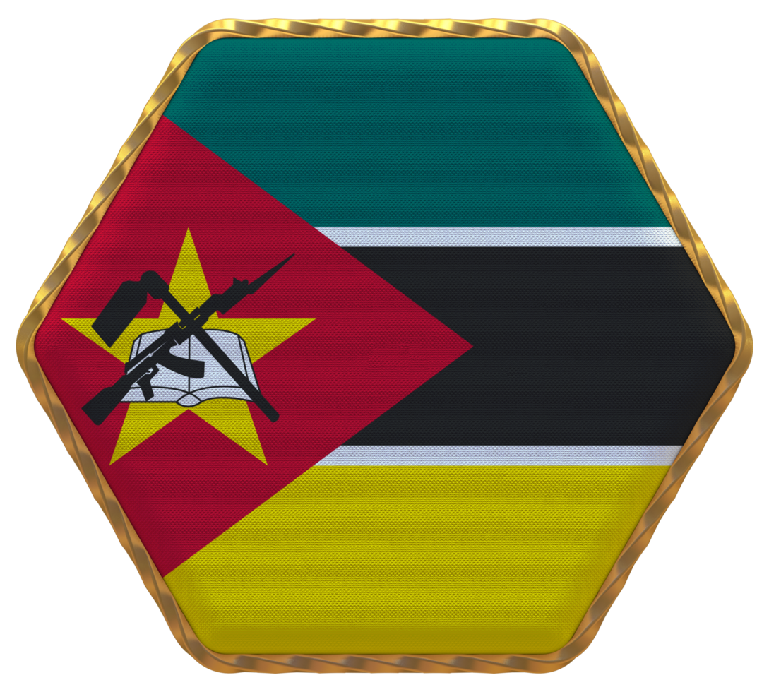 Mozambique Flag in Hexagon Shape with Gold Border, Bump Texture, 3D Rendering png