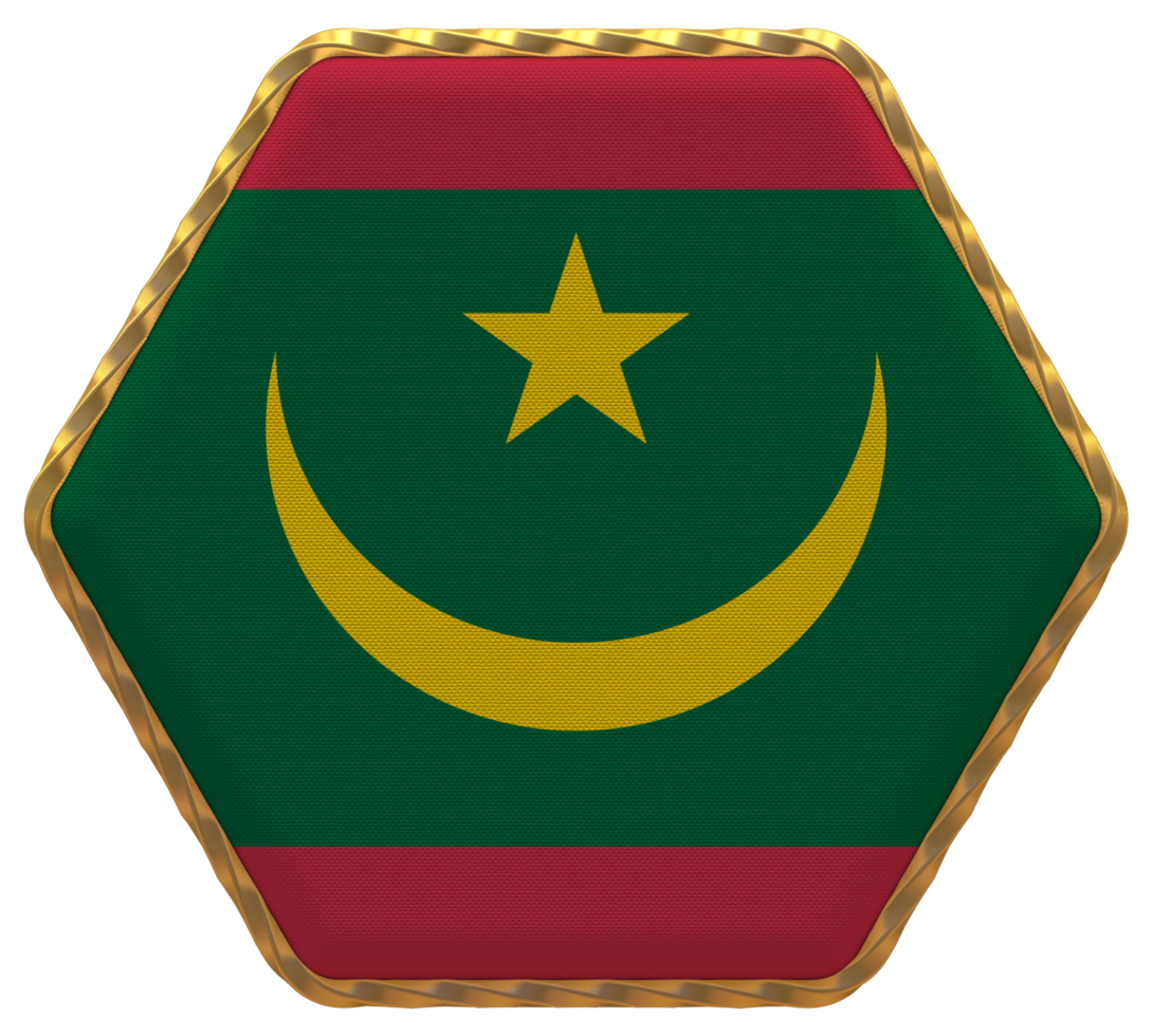 Mauritania Flag in Hexagon Shape with Gold Border, Bump Texture, 3D Rendering png