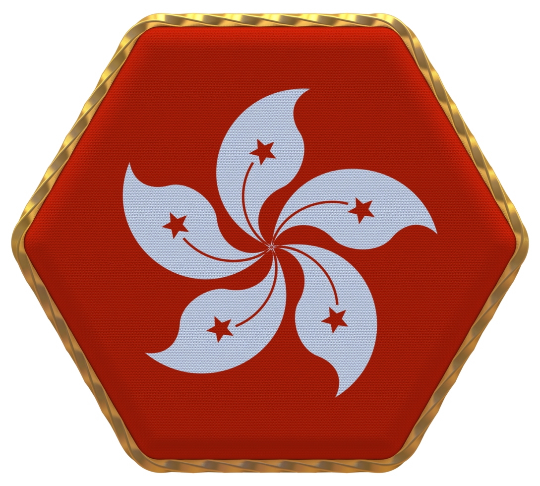 Hong Kong Flag in Hexagon Shape with Gold Border, Bump Texture, 3D Rendering png