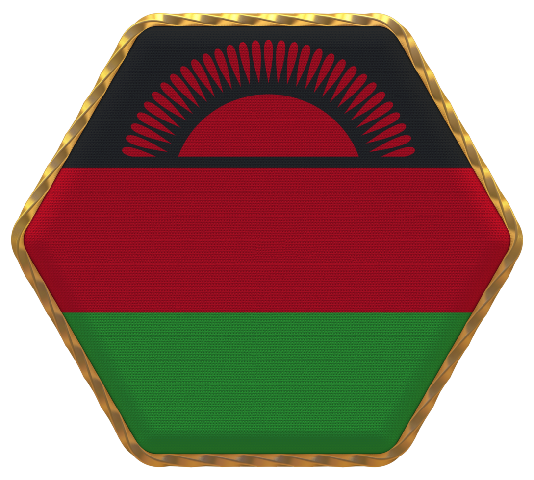 Malawi Flag in Hexagon Shape with Gold Border, Bump Texture, 3D Rendering png