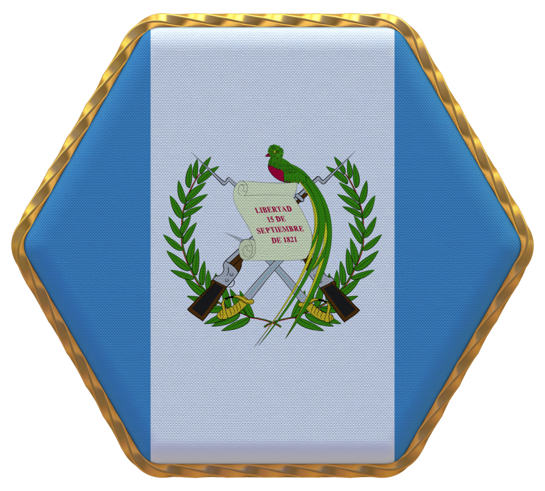 Guatemala Flag in Hexagon Shape with Gold Border, Bump Texture, 3D Rendering png