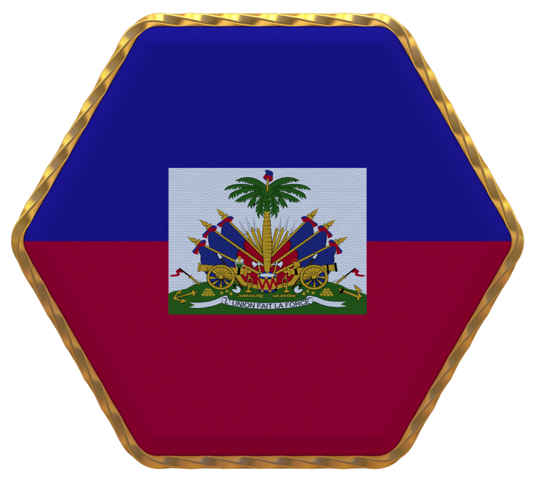 Haiti Flag in Hexagon Shape with Gold Border, Bump Texture, 3D Rendering png