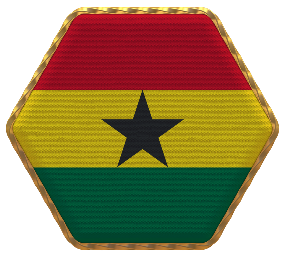 Ghana Flag in Hexagon Shape with Gold Border, Bump Texture, 3D Rendering png