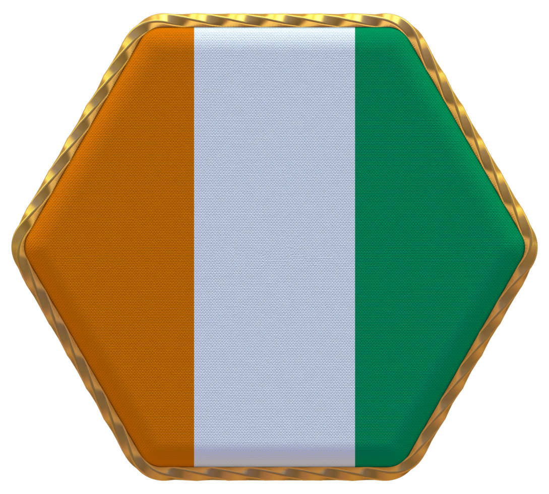 Ivory Coast Flag in Hexagon Shape with Gold Border, Bump Texture, 3D Rendering png