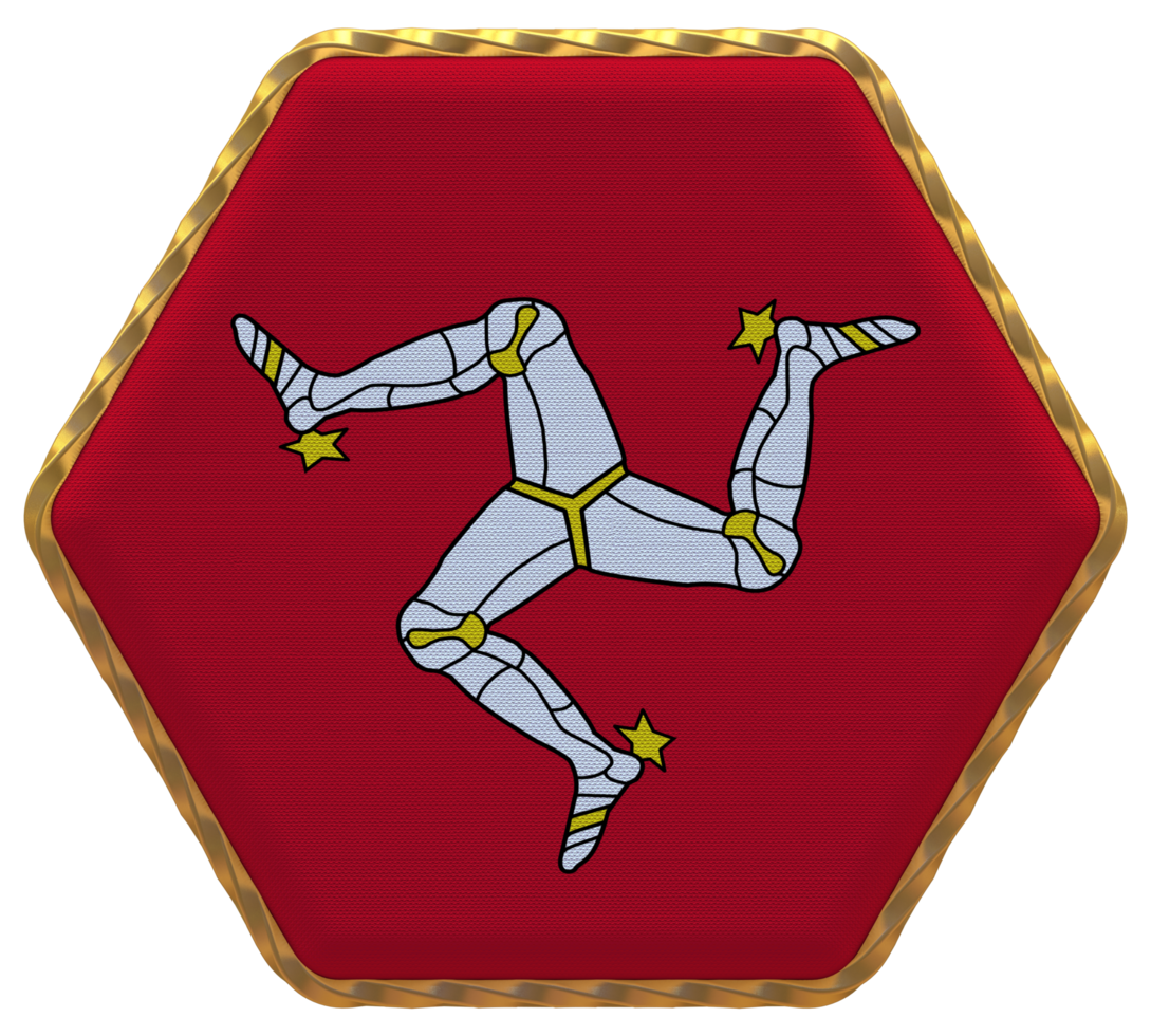 Isle of Man Flag in Hexagon Shape with Gold Border, Bump Texture, 3D Rendering png