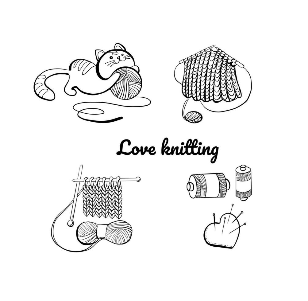 Knitting and crochet, outline drawings set, hand drawn design elements with playing cat. vector