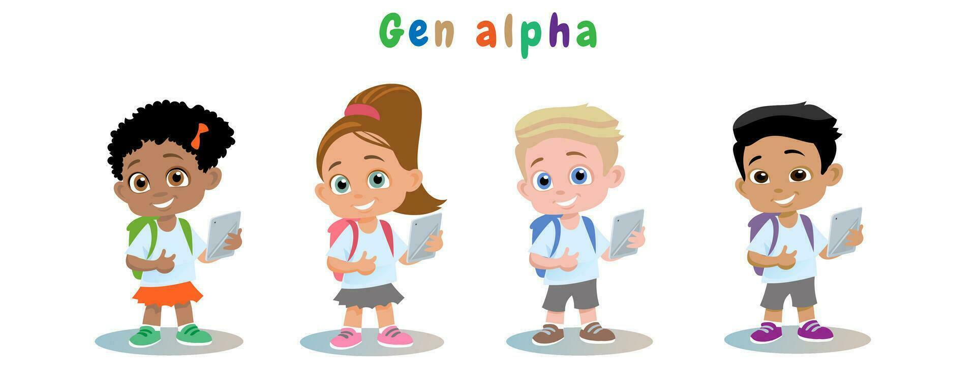 Set Mixed-race children, scholar with digital tablet vector