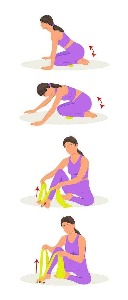 Leg exercises. A woman performs exercises with a needle ball and band for myofascial release of her legs and feet. The ball is used to relax trigger points. vector