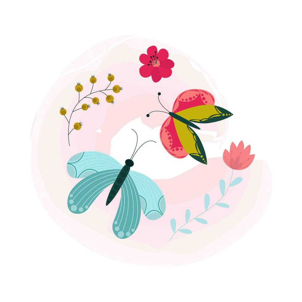 Composition with bright multi-colored butterflies. Butterflies with a pattern. The composition contains flowers. Watercolor background. Vector illustration.