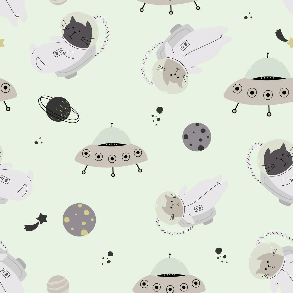 Seamless pattern with various astronaut cats in helmets, spacesuits playing among the stars in space. Vector illustration