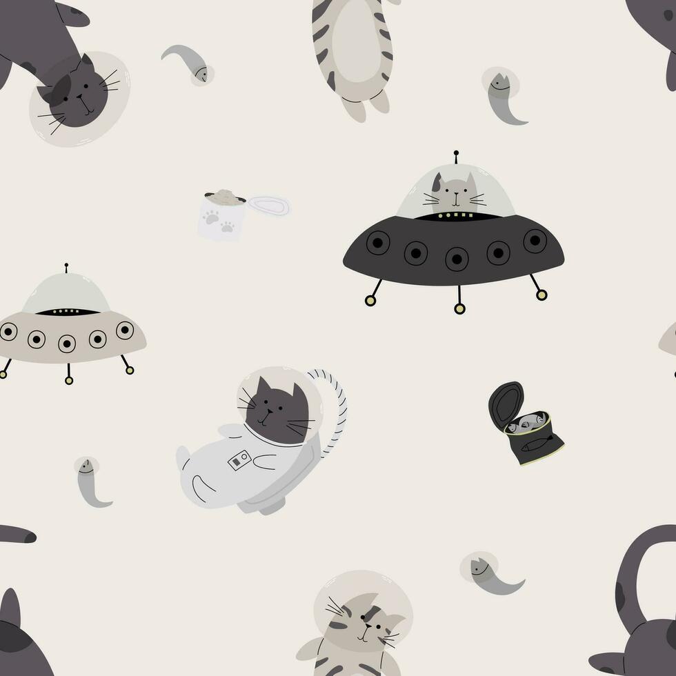 Seamless pattern with various astronaut cats in helmets, spacesuits playing among the stars in space. Vector illustration