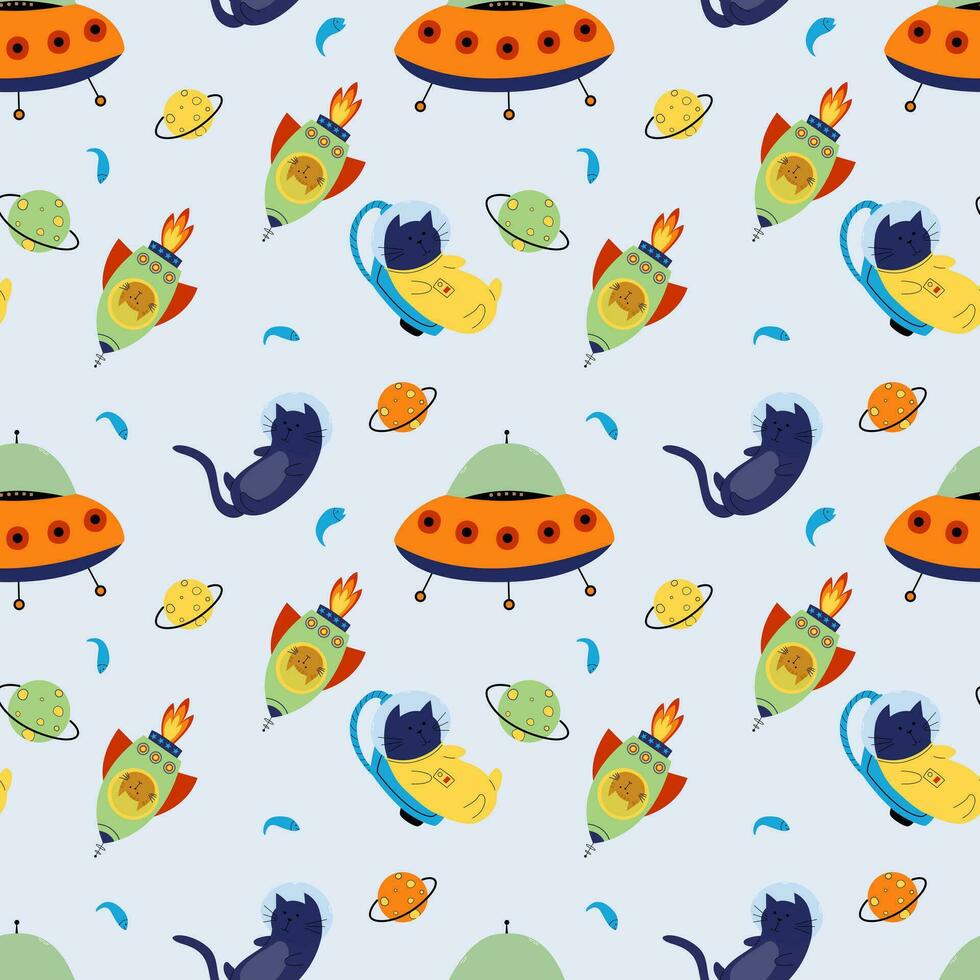 Seamless pattern with various astronaut cats in helmets, spacesuits, playing among the stars in space. Spaceships. Vector illustration