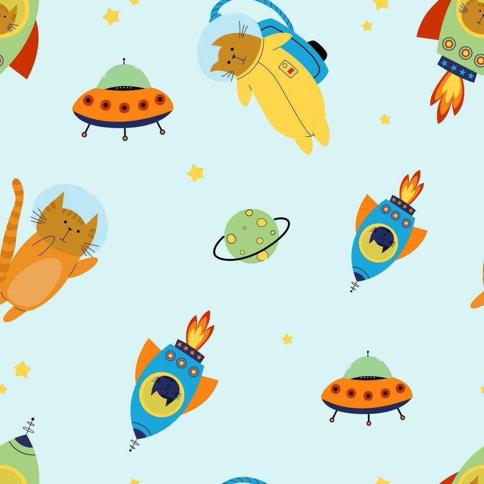 Seamless pattern with various astronaut cats in helmets, spacesuits, playing among the stars in space. Spaceships. Vector illustration