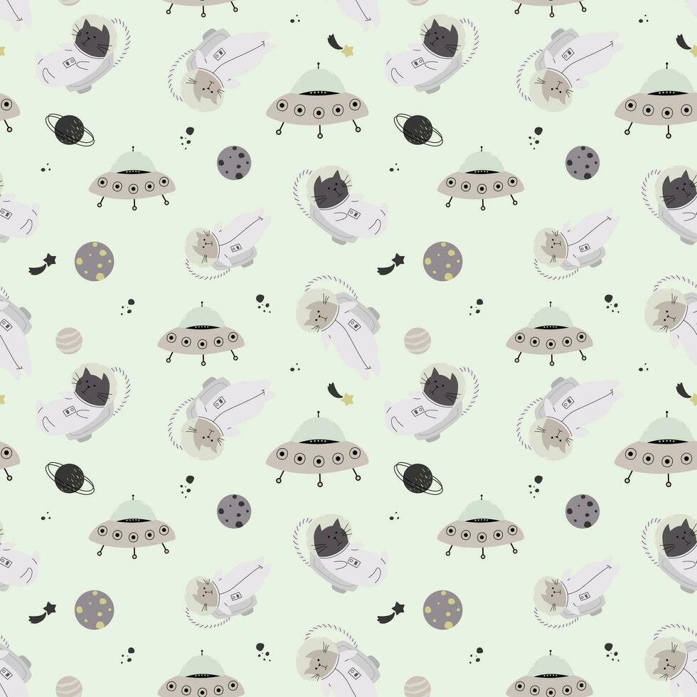 Seamless pattern with various astronaut cats in helmets, spacesuits playing among the stars in space. Vector illustration