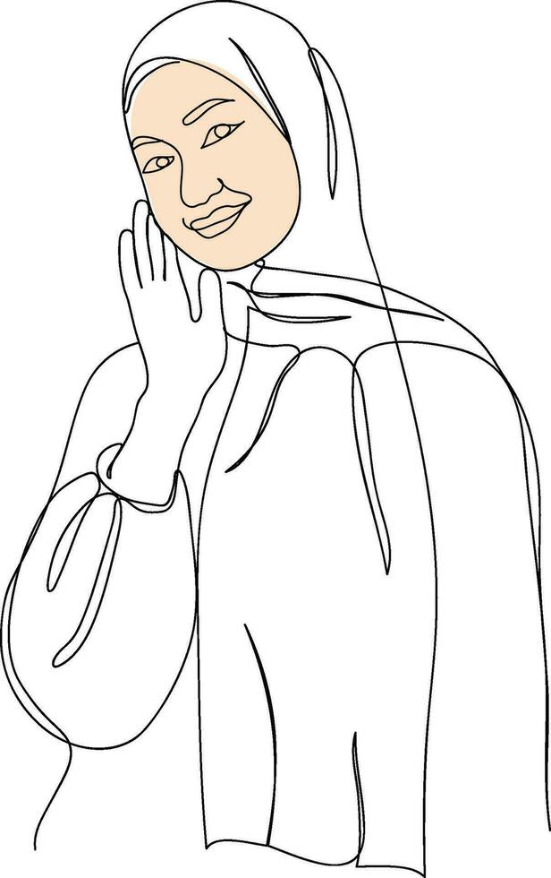 Women portrait in line art illustration. Hijab women's line art. Female portrait in hijab. Muslim lady wears a hijab in line art illustration. vector