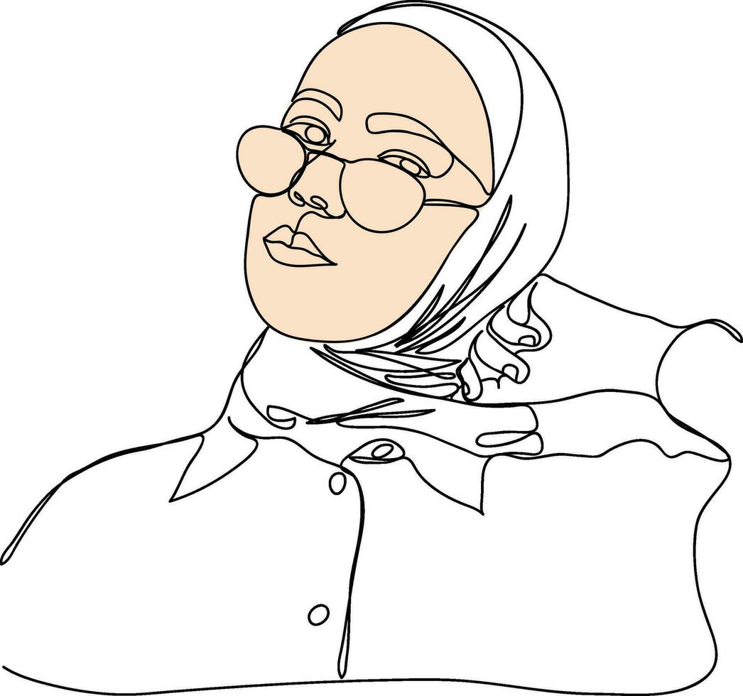 Glasses women portrait in line art illustration. Hijab women's line art. Female portrait in hijab. Muslim lady wears a hijab in line art illustration. vector