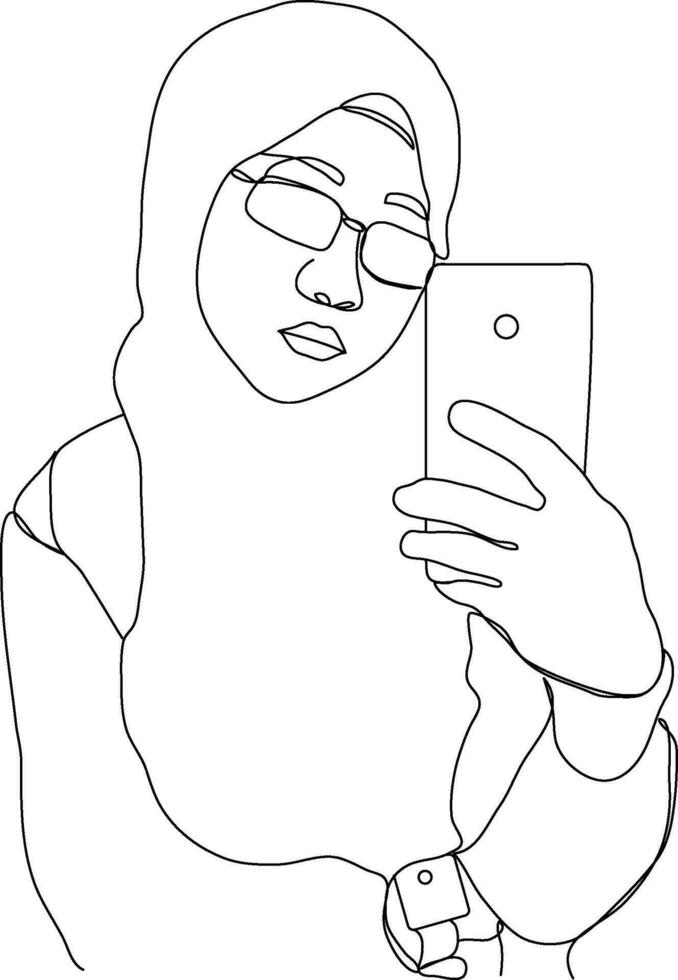 Glasses women selfie with phone line art illustration. Hijab women's line art. Female portrait in hijab. Muslim lady wears a hijab in line art illustration. vector