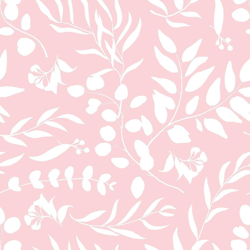 Silhouettes of blooming flowers plants, leaves, leaves and wallpaper on pink background. vector