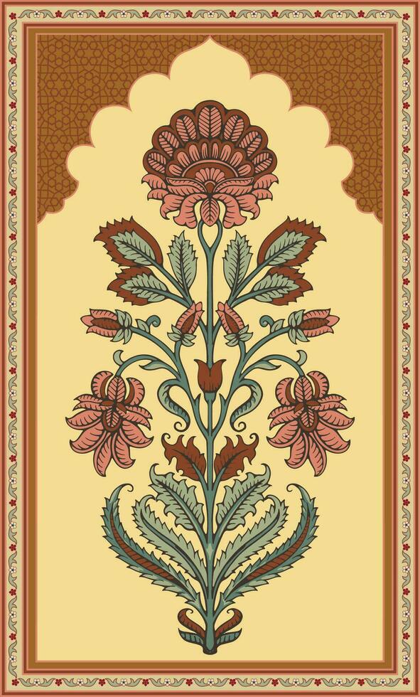 Mughal Floral Miniature Painting. Template for greeting card or invitation in oriental style. vector