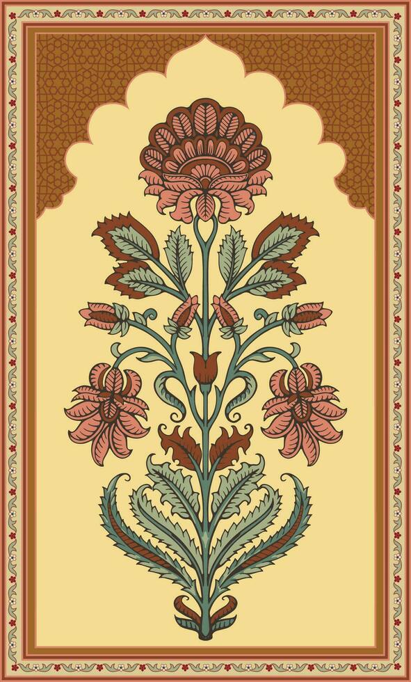 Mughal Floral Miniature Painting. Template for greeting card or invitation in oriental style. vector