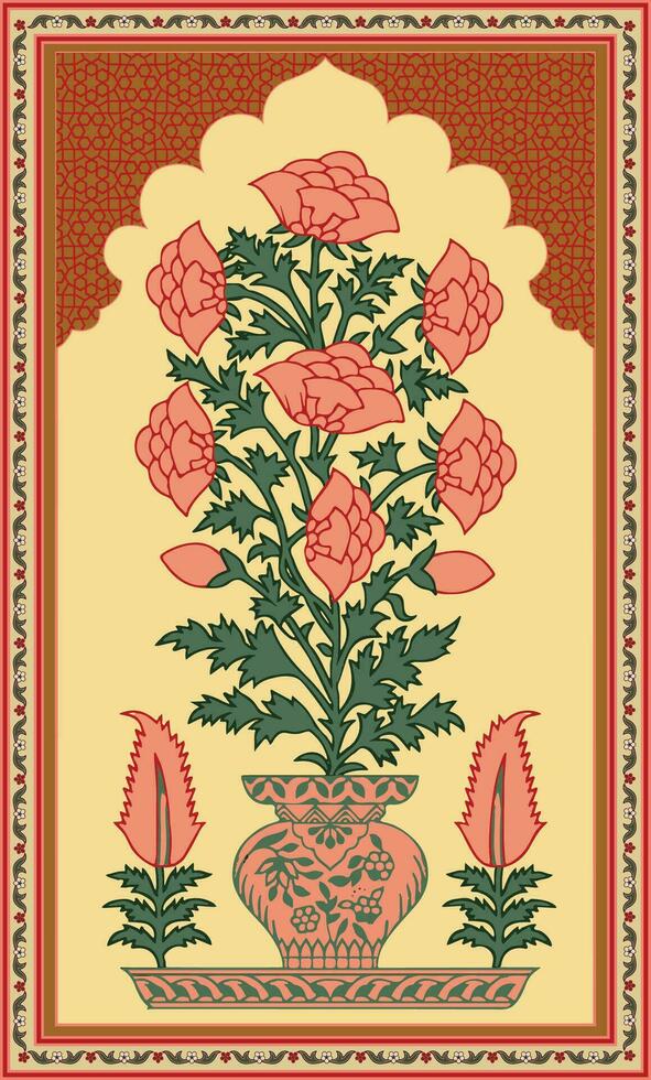 Mughal Floral Miniature Painting. Template for greeting card or invitation in oriental style. vector
