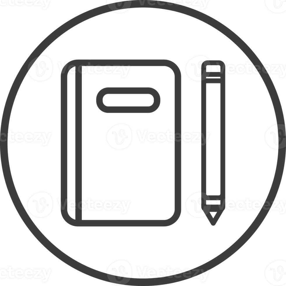 Notebook icon in thin line black circle frames. png