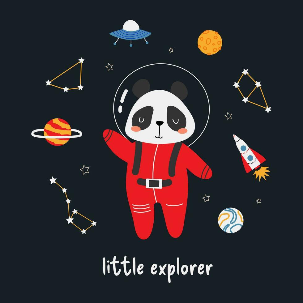 Hand-drawn vector illustration of a cute panda astronaut in space. Space illustration with animal in red spacesuit. Planets, stars, rockets. Little explorer. Concept for printing on children's t-shirt