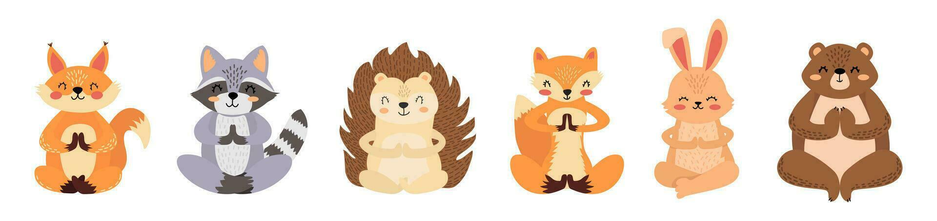 Vector set of animals doing yoga. Forest animals meditating. Collection of charming animals in lotus pose. Fox, squirrel, raccoon, hedgehog, bear. Cartoon style. White isolated background.