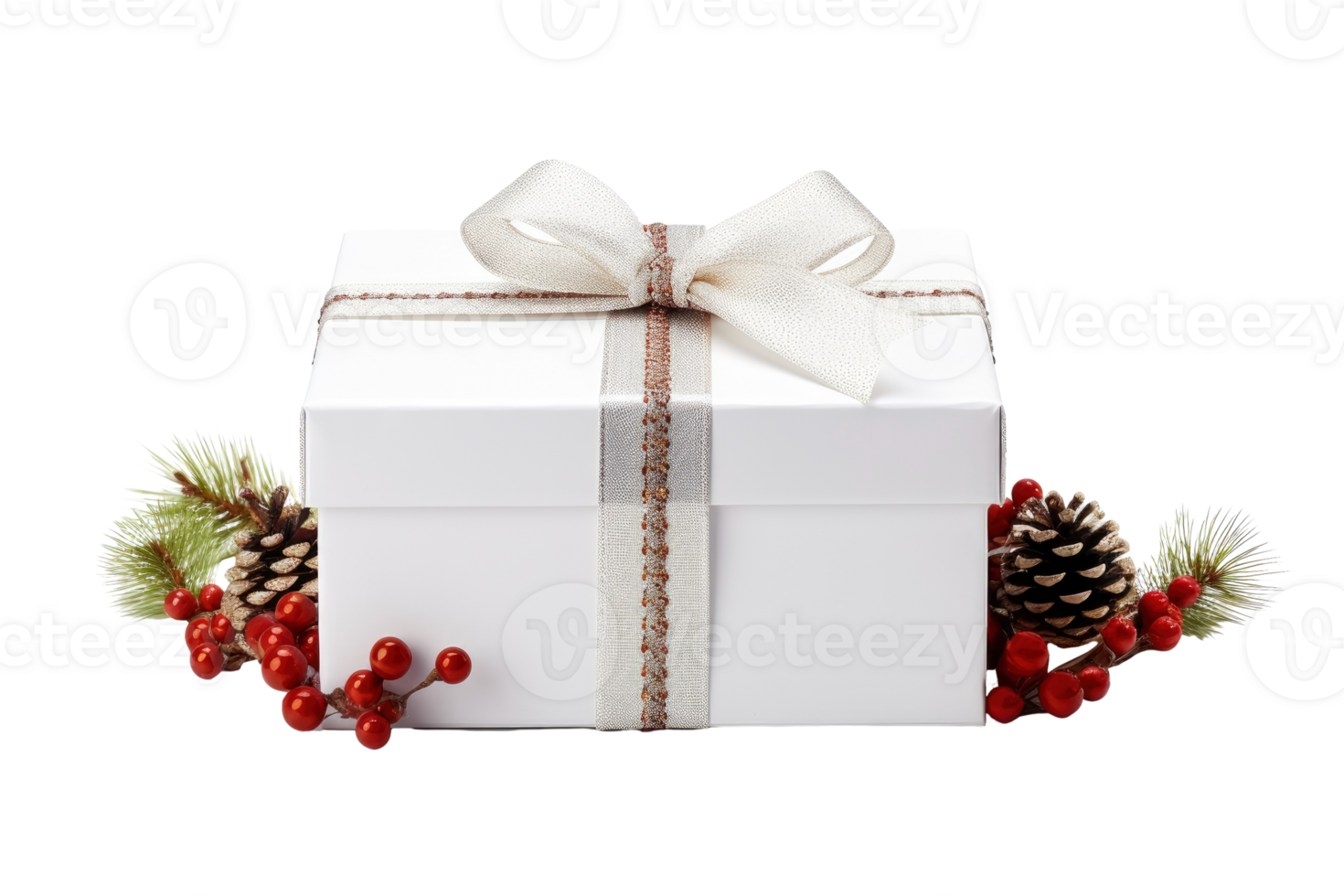 White Christmas gift box with berries and pine cones on transparent background, AI Generative png