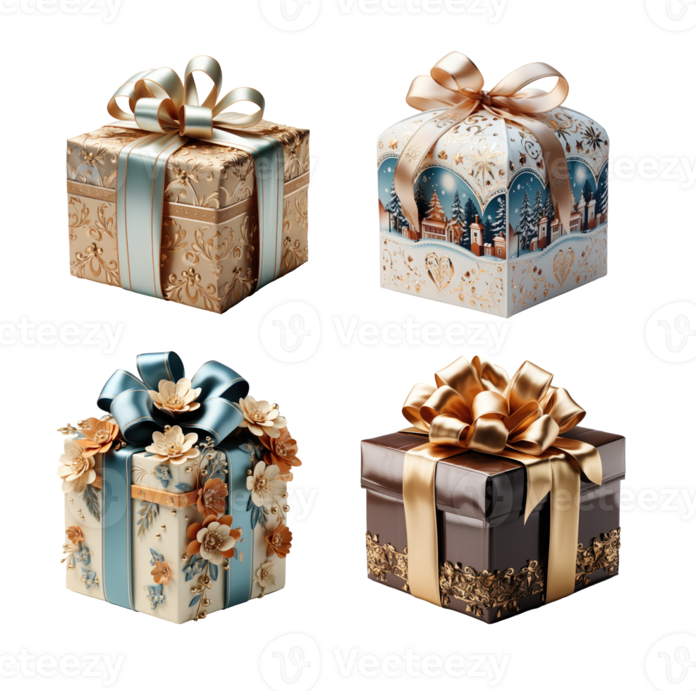 Set of lovely Christmas gift boxes isolated on transparent background, AI Generative png