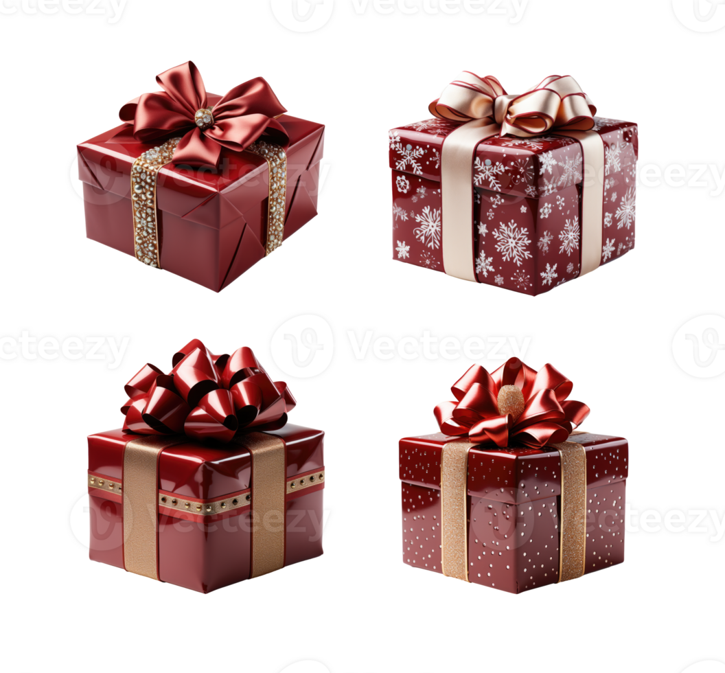 Set of Red Christmas gift boxes isolated on transparent background, AI Generative png