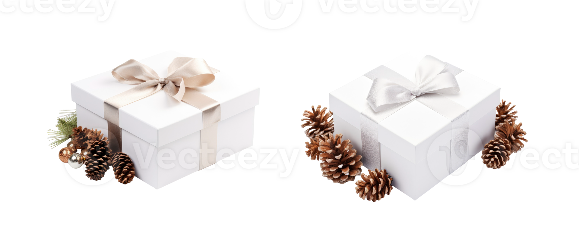 Set of white Christmas gift boxes with berries and pine cones on transparent background, AI Generative png