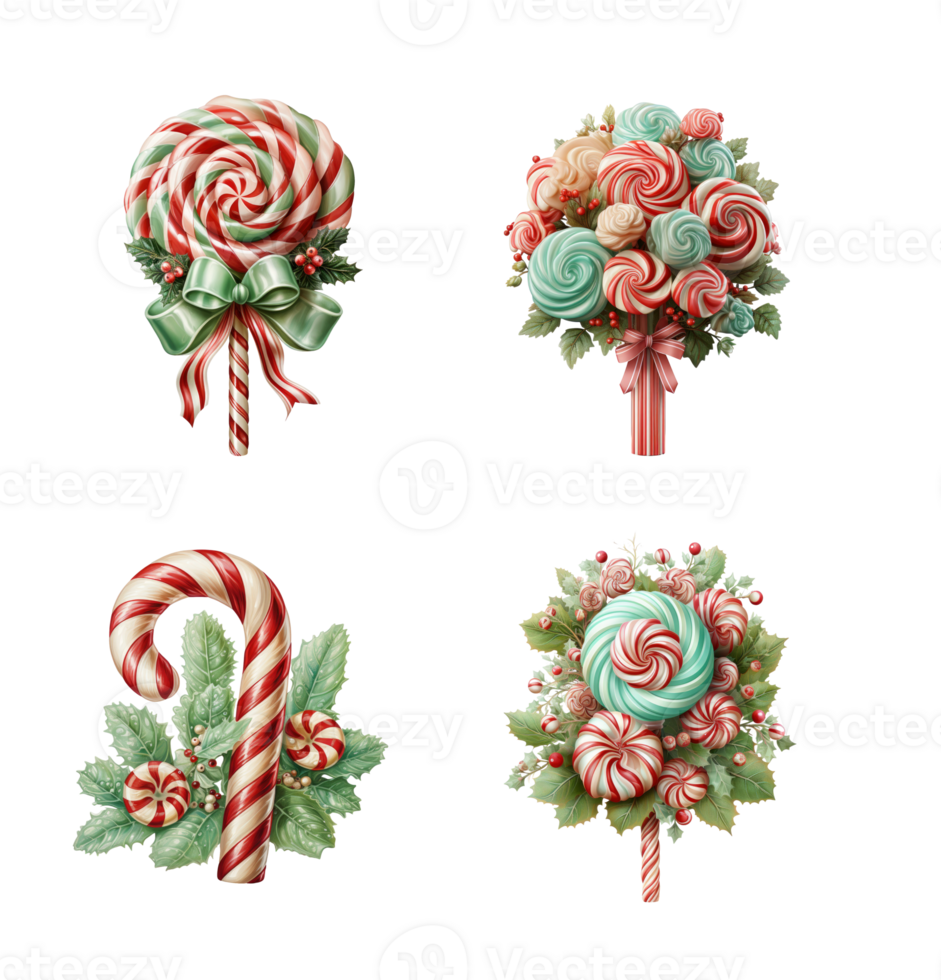 Set of Christmas Candy with Holly and Berries on transparent background, AI Generative png