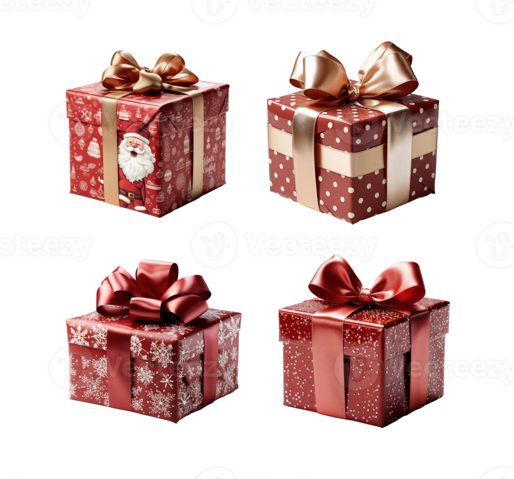 Set of Red Christmas gift boxes isolated on transparent background, AI Generative png