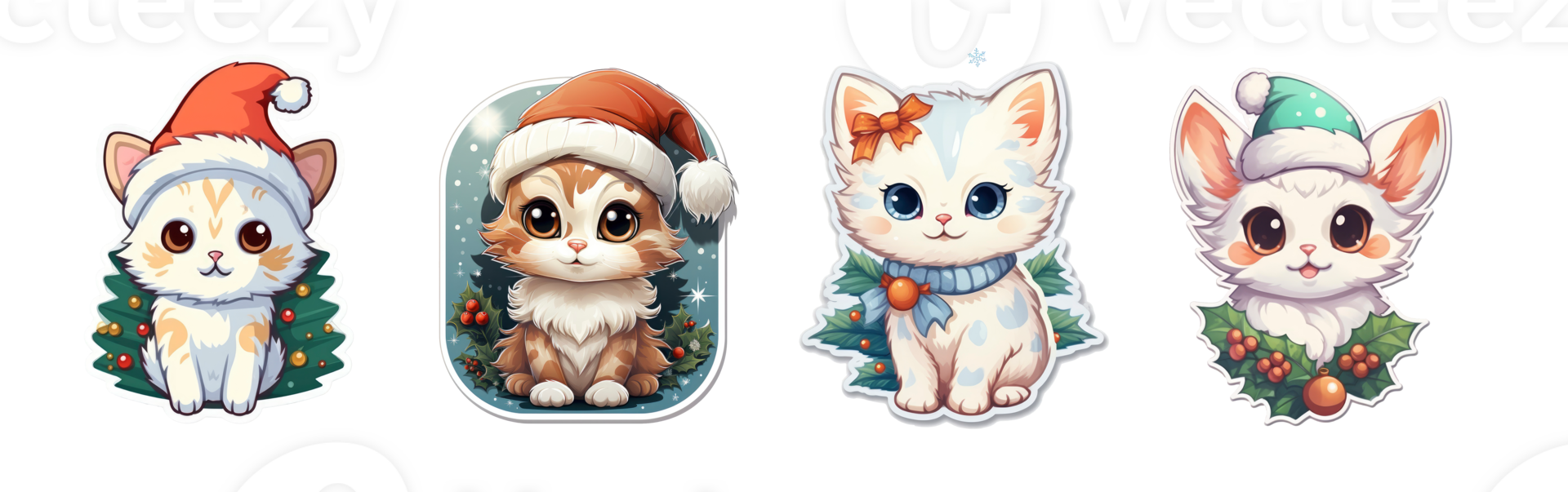 Set of Cute Christmas Cats Stickers, AI Generative png