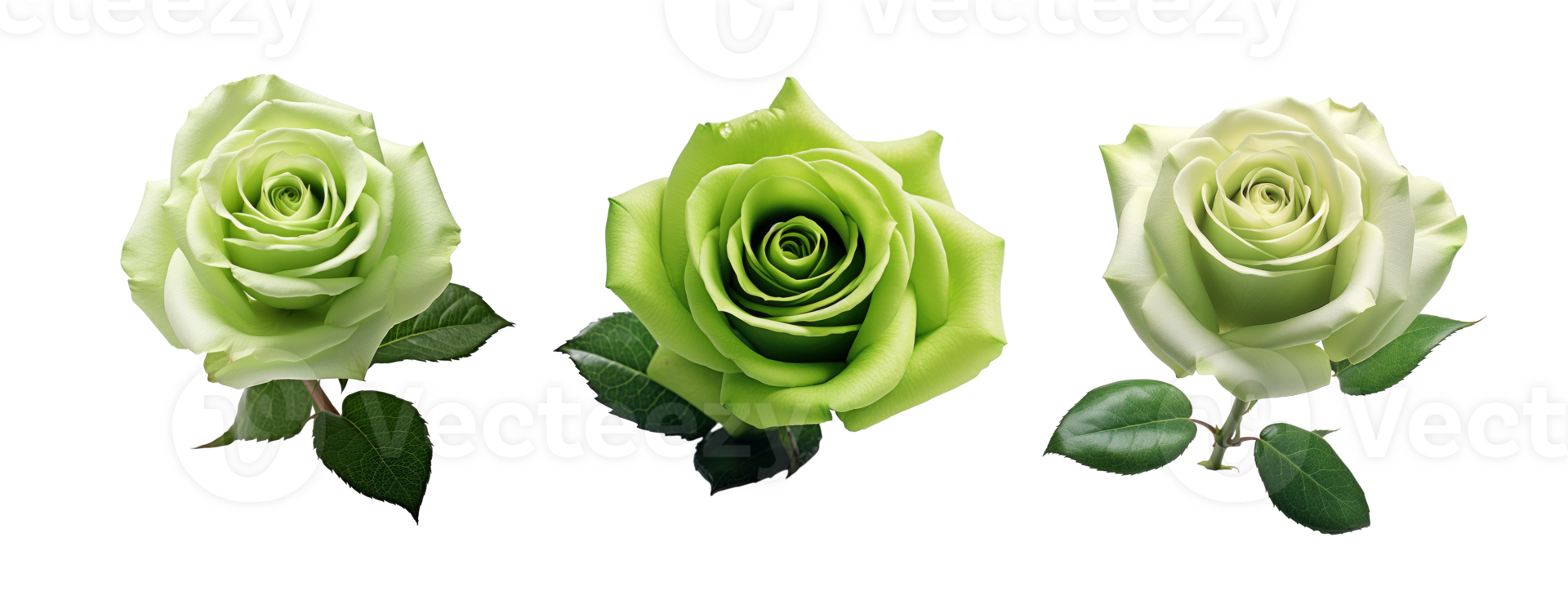 Set of green rose flowers isolated on transparent background. AI Generative png