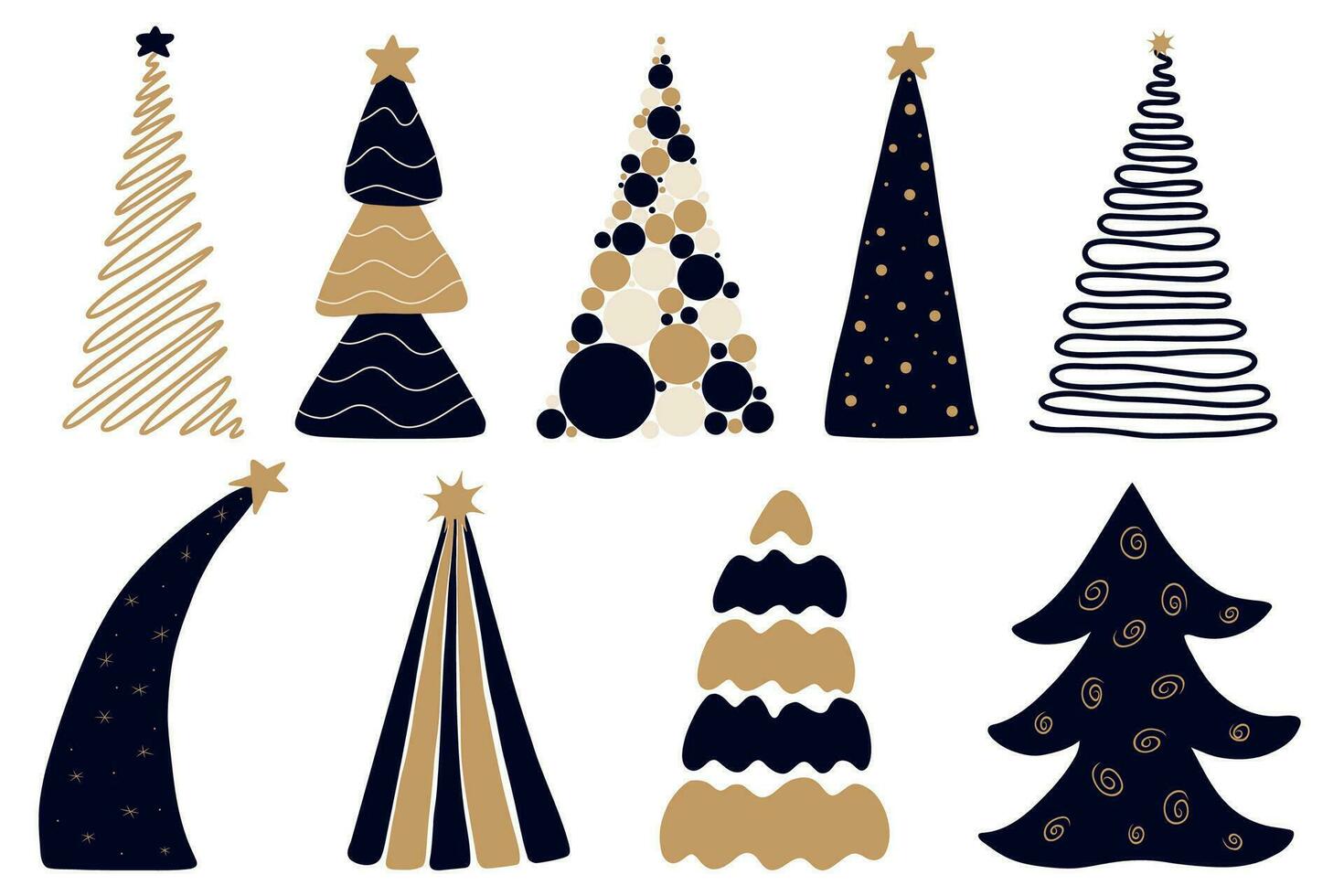 vector conjunto de garabatear minimalista Navidad árboles, pinos para saludo tarjeta, invitación, bandera, web. oscuro azul, oro colores en un blanco antecedentes