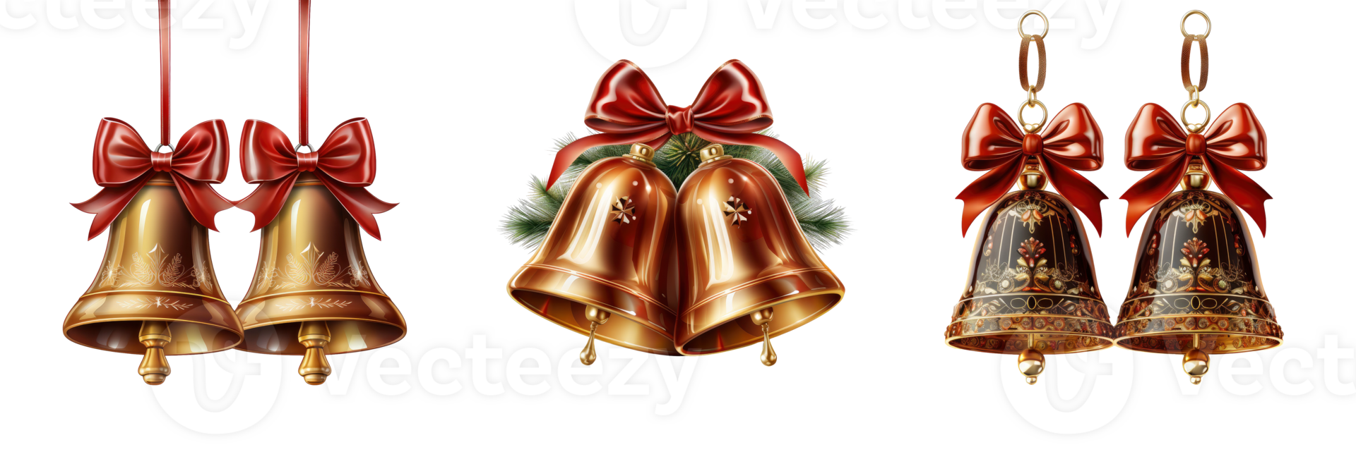 Set of Christmas Bells with Red Ribbons isolated on transparent background, AI Generative png