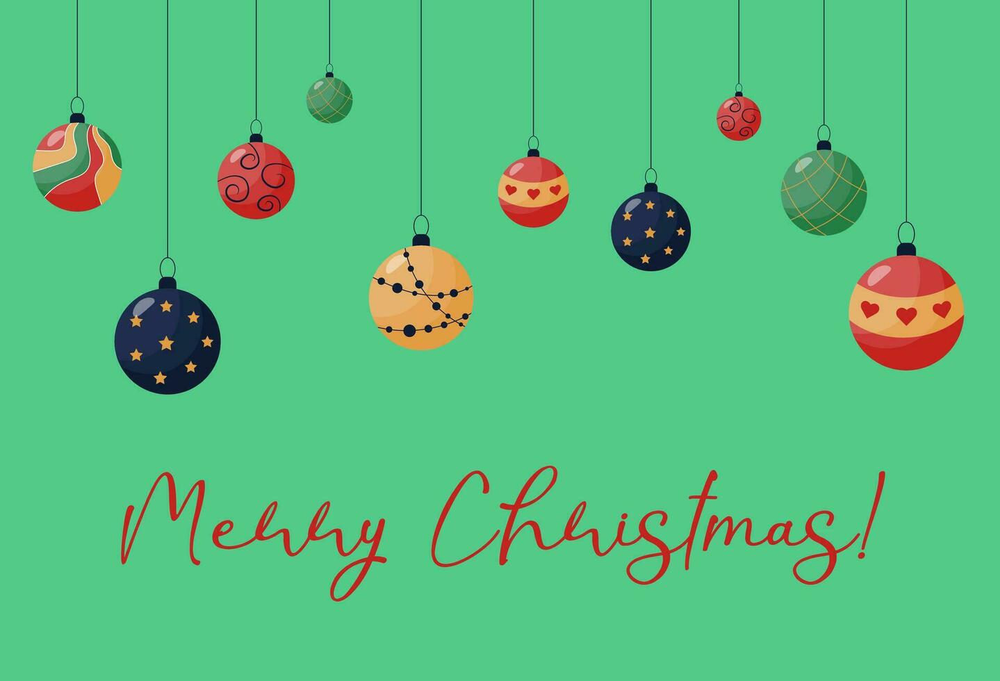 Christmas card with hanging Christmas tree balls, hand drawn, isolated on a green background, red, blue, green, gold colors, with the caption Merry Christmas. Postcard, banner, invitation. Vector