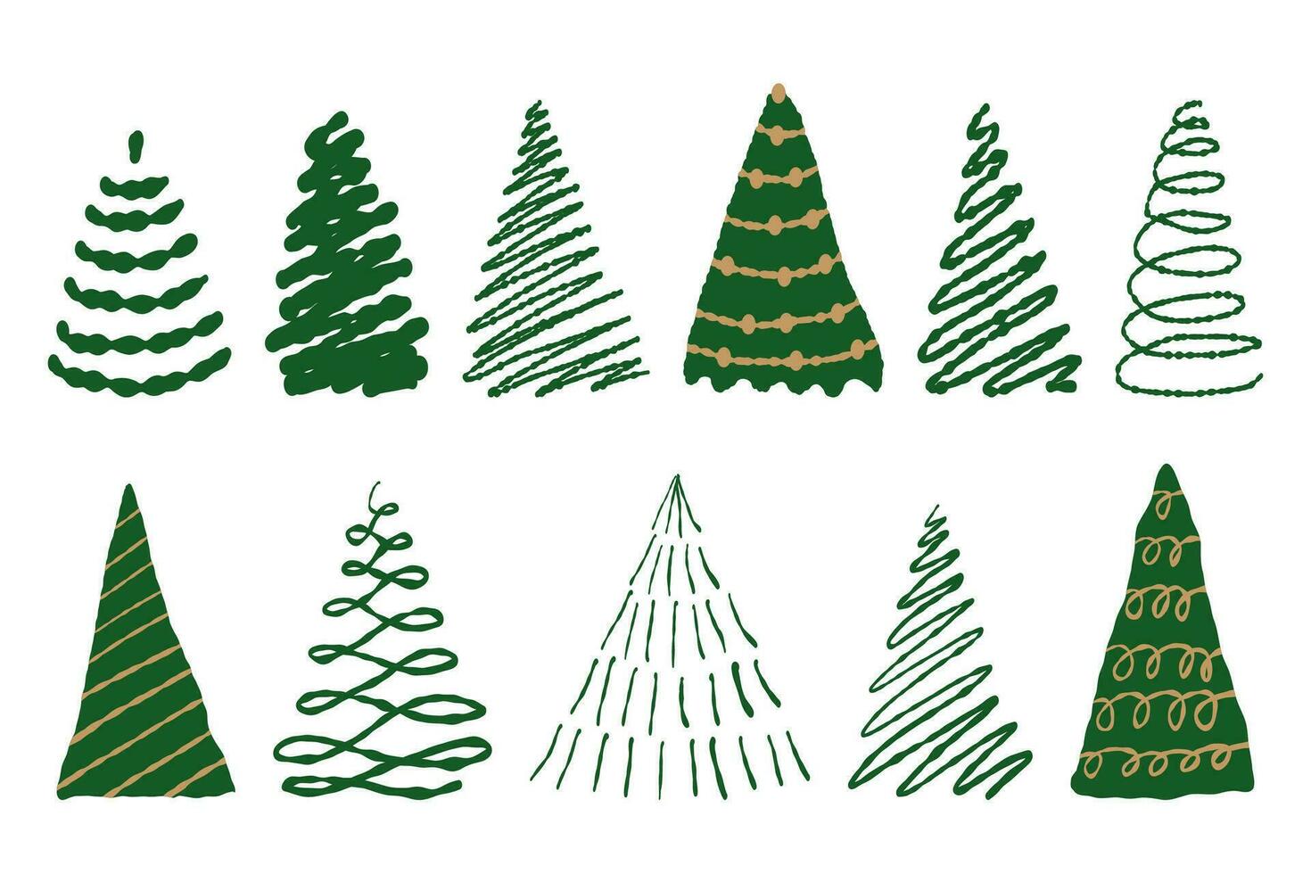 Christmas trees vector set in doodle minimalistic style, for greeting card, invitation, banner, web. Green, gold colors on a white background