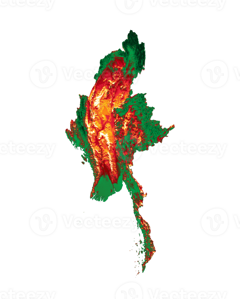 Burma Myanmar map with the flag Colors Red green and yellow Shaded relief map 3d illustration png