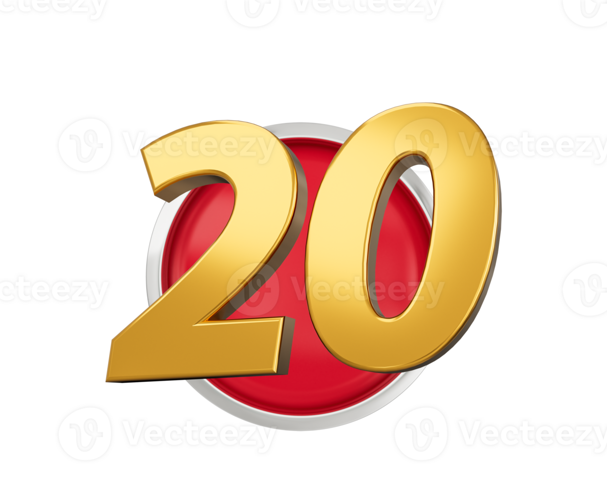 Gold Number 20 Gold Number Twenty On Rounded Red Icon, 3d illustration png