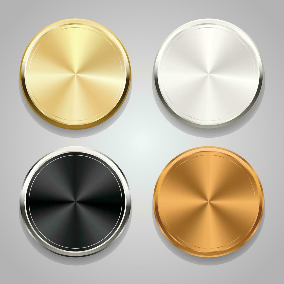 Metalic golden silver bronze and black medal. Retro vintage circle badge design vector