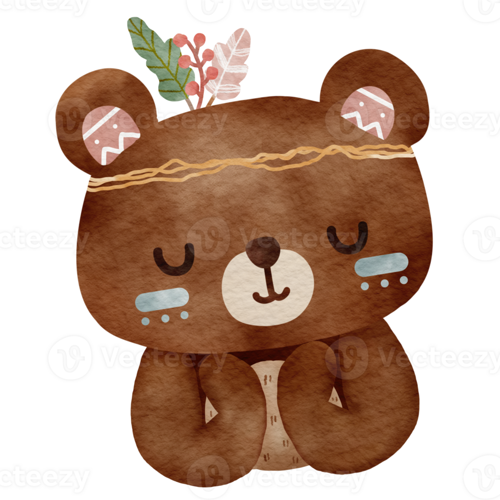 Cute baby teddy bear Cartoon Tribal forest woodland animal character. png