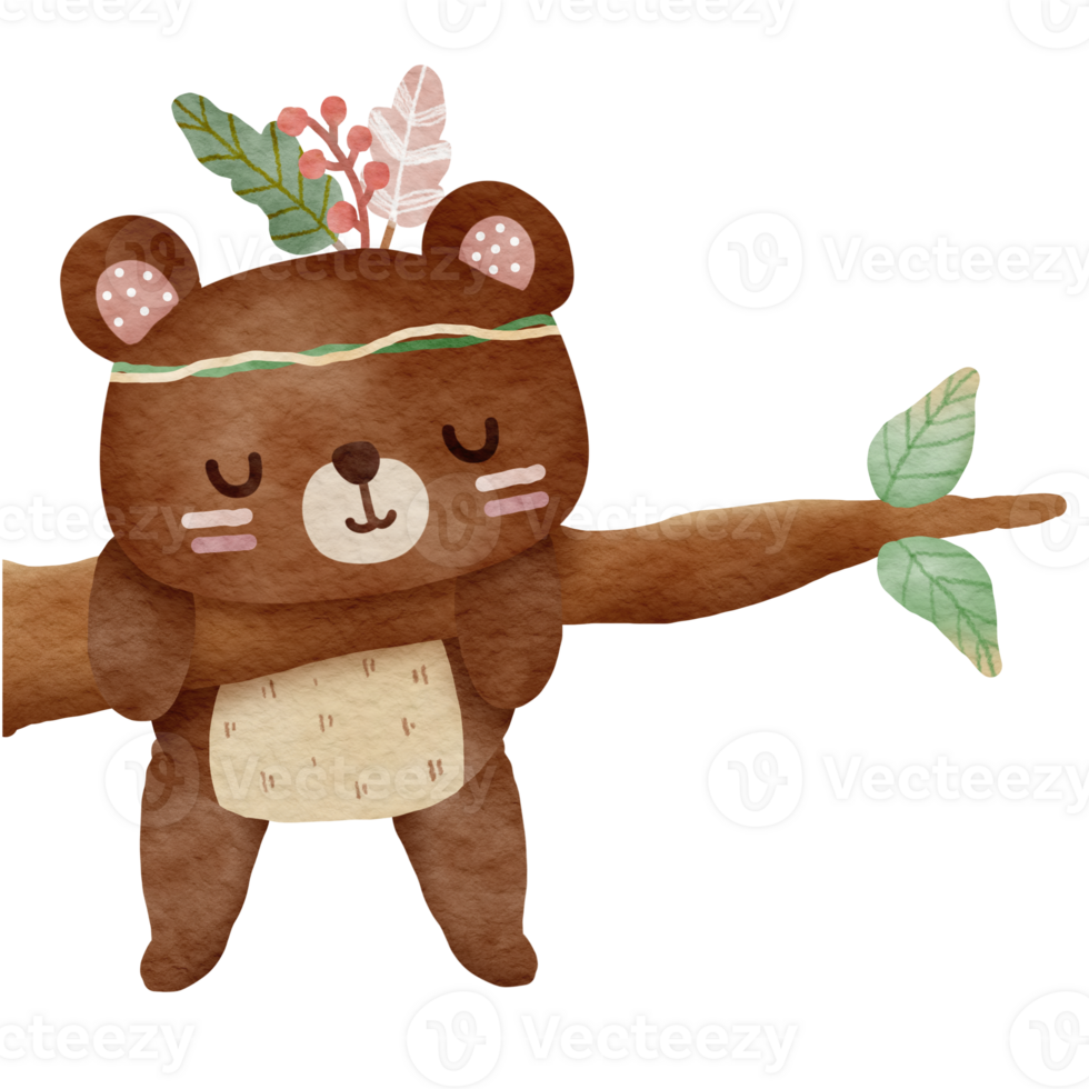 Cute baby teddy bear Cartoon Tribal forest woodland animal character. png