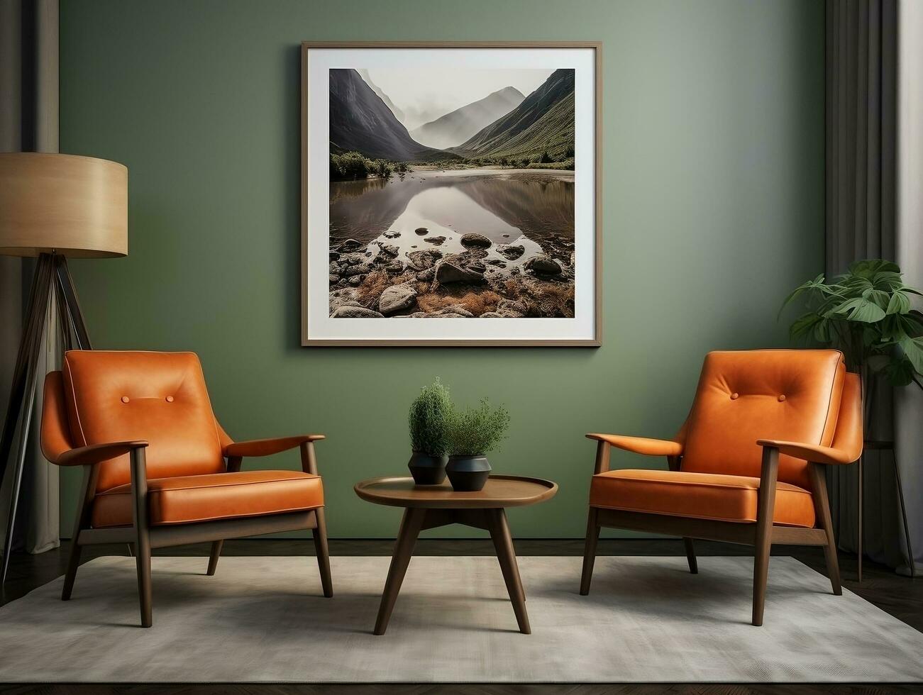 Midcentury modern living room with brown leather chairs and table AI Generative photo