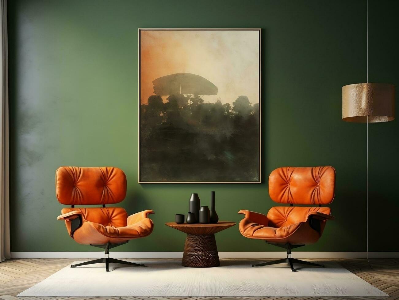 Midcentury modern living room with brown leather chairs and table AI Generative photo