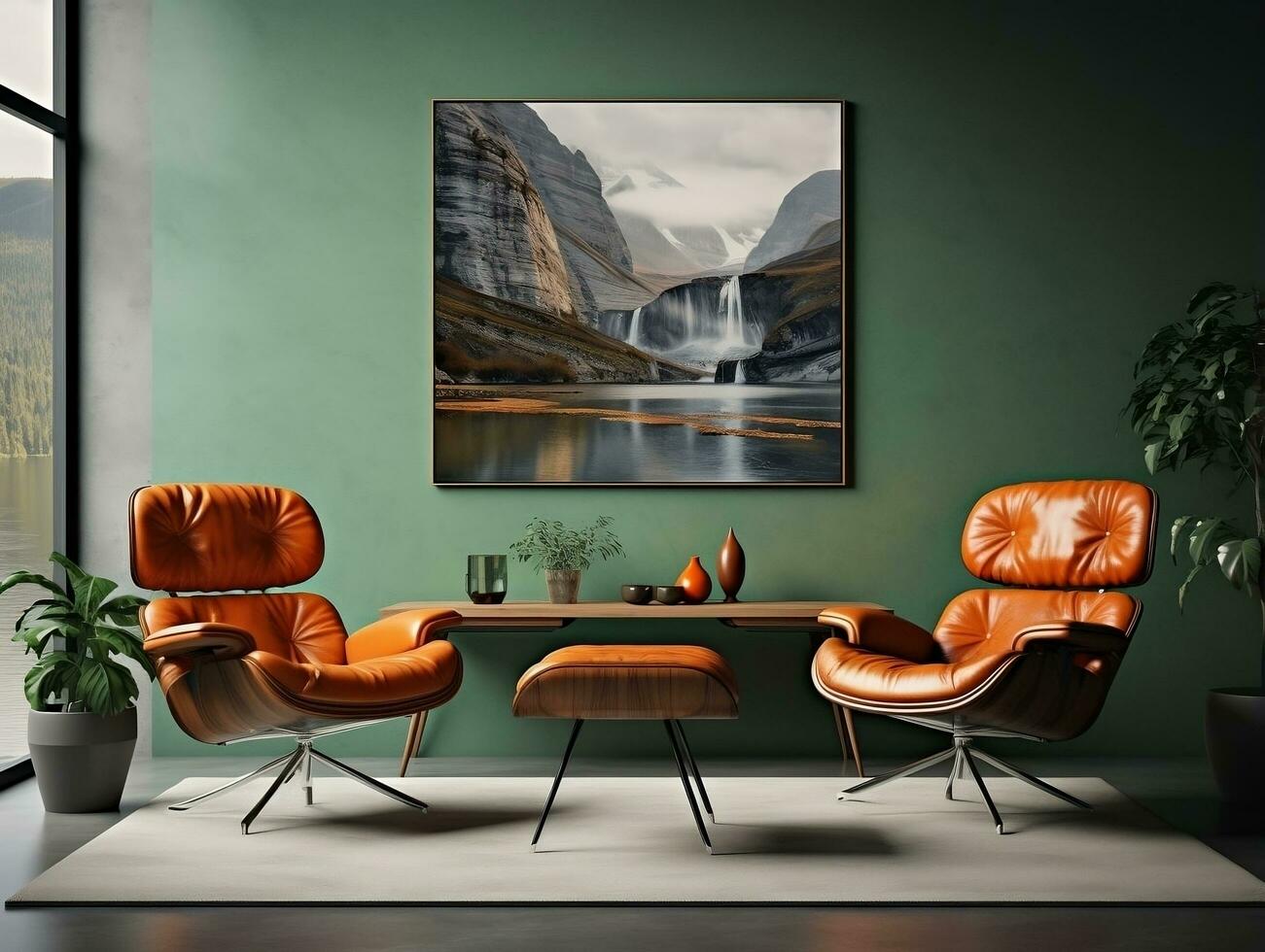 Midcentury modern living room with brown leather chairs and table AI Generative photo