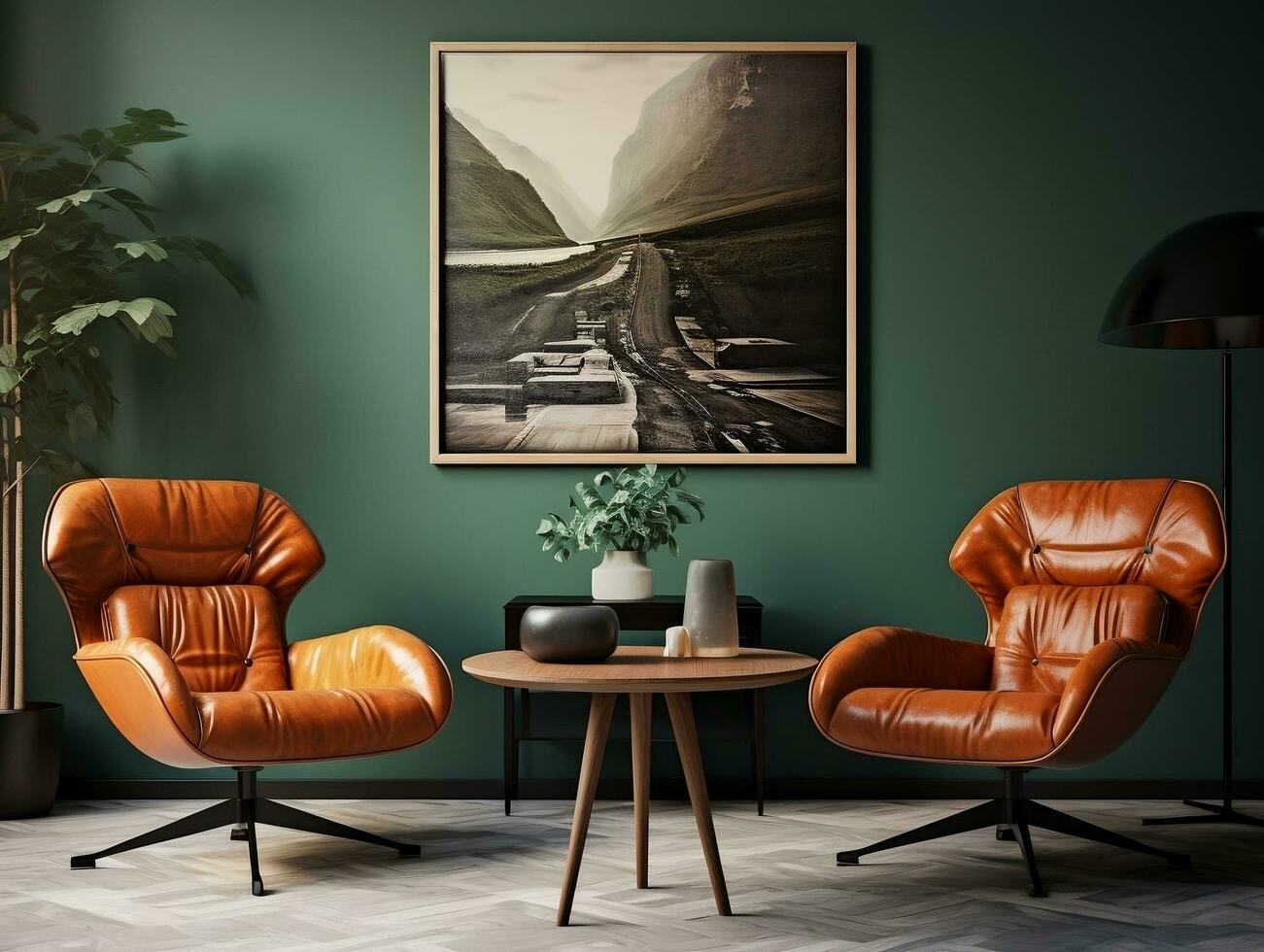 Midcentury modern living room with brown leather chairs and table AI Generative photo