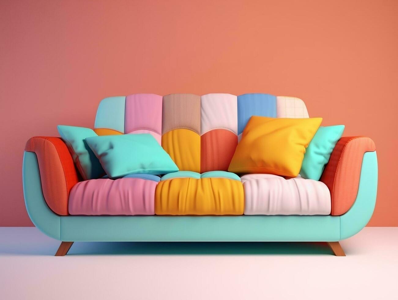 Colorful couch with colorful pillows on a light pink background AI Generative photo